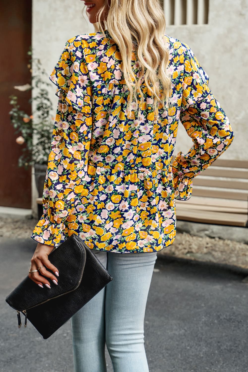 Printed Round Neck Flounce Sleeve Blouse Trendsi