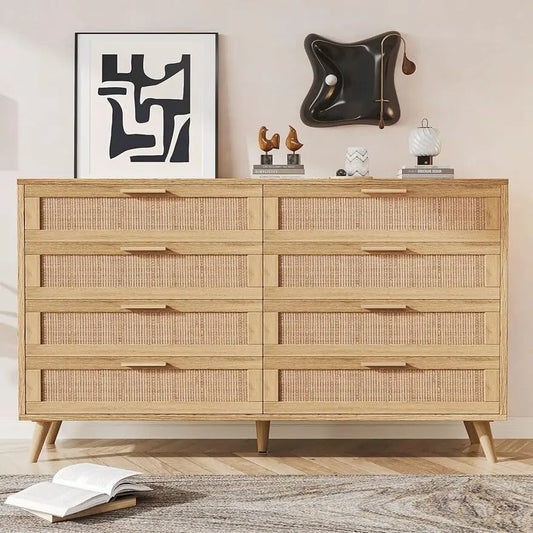 6/8 Drawer Double Dresser for Bedroom, Rattan Chest of Dressers, Modern Wooden Dresser Chest with Golden Handles, Beside Table ShopOnlyDeal