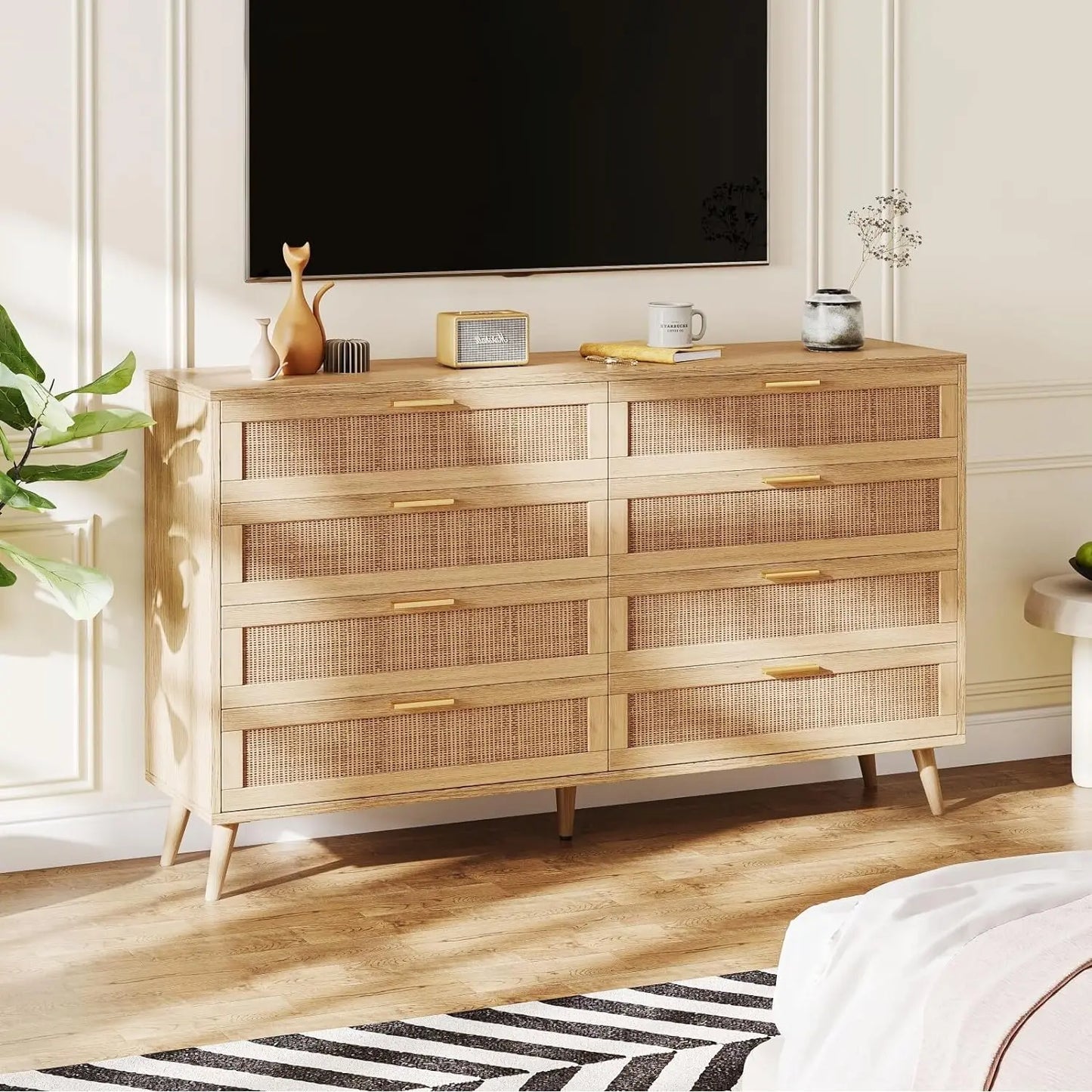 6/8 Drawer Double Dresser for Bedroom, Rattan Chest of Dressers, Modern Wooden Dresser Chest with Golden Handles, Beside Table ShopOnlyDeal