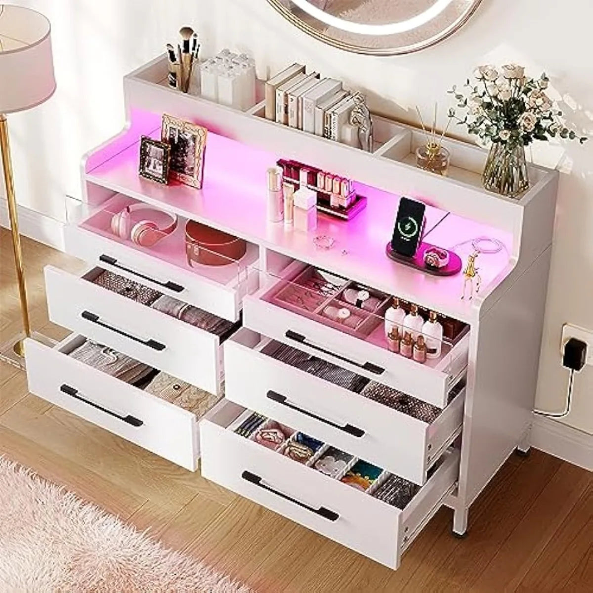 Bedroom Dresser 6 Drawer Dresser Chests of Drawers with Pink LED Light, Modern Closet Dresser with Open Shelf Storage,White ShopOnlyDeal