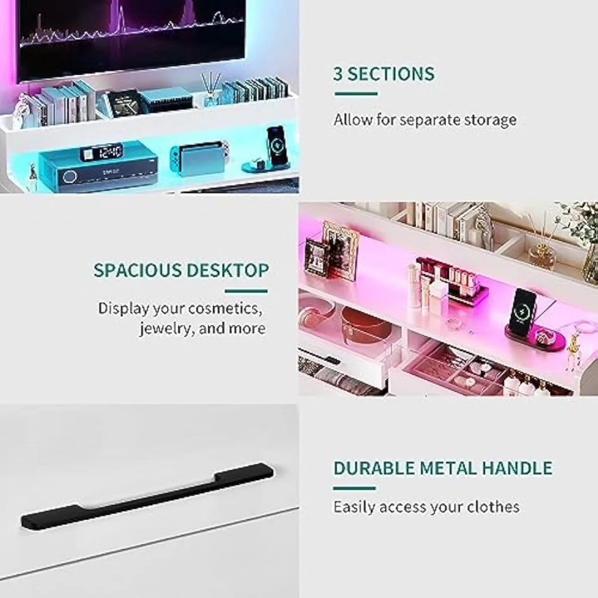 Bedroom Dresser 6 Drawer Dresser Chests of Drawers with Pink LED Light, Modern Closet Dresser with Open Shelf Storage,White ShopOnlyDeal