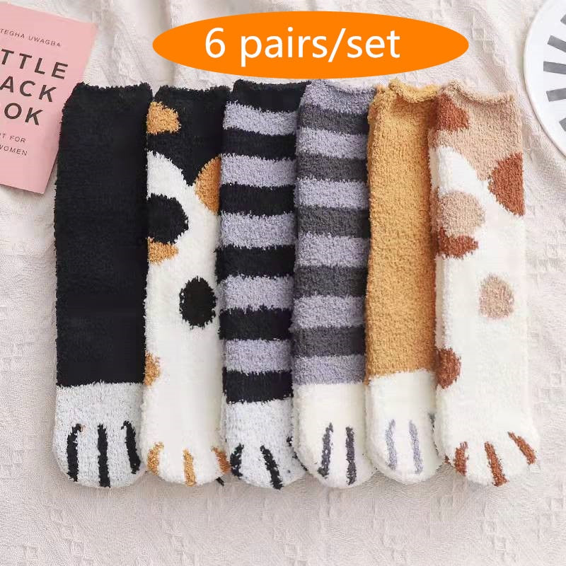 6 pairs Cat Paws Winter Woman Socks Kawaii Cartoon Cute 3D Dog Cat Paw Pattern Female Fleece Warm Home Floor Sleeping snowfield Thick Uptrends