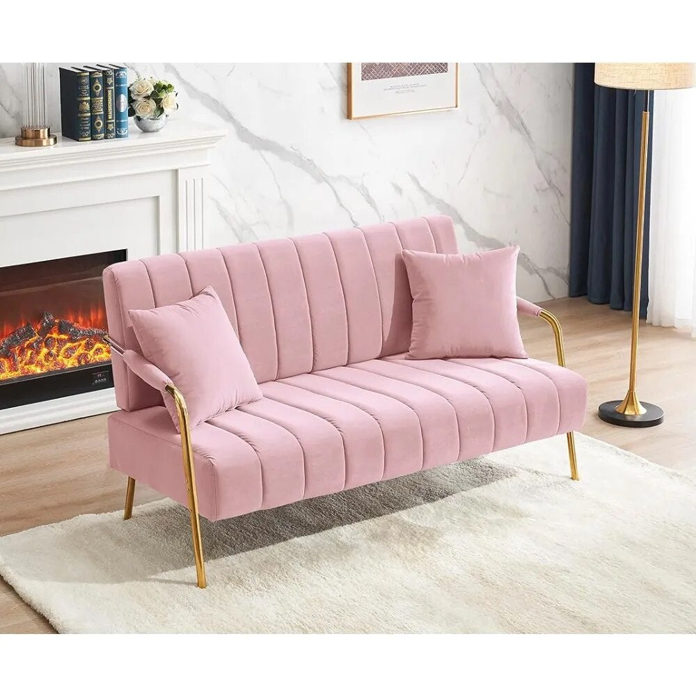 Velvet Futon Sofa 60.63" Upholstered Tufted,Australian Cashmere Fabric Accent 2-Seat Sofá Couch, Pink ShopOnlyDeal