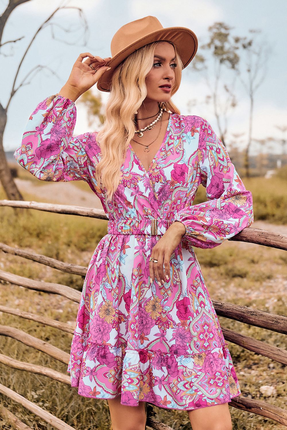 Chic Blossoms Surplice Neck Long Sleeve Dress 🌸 ShopOnlyDeal