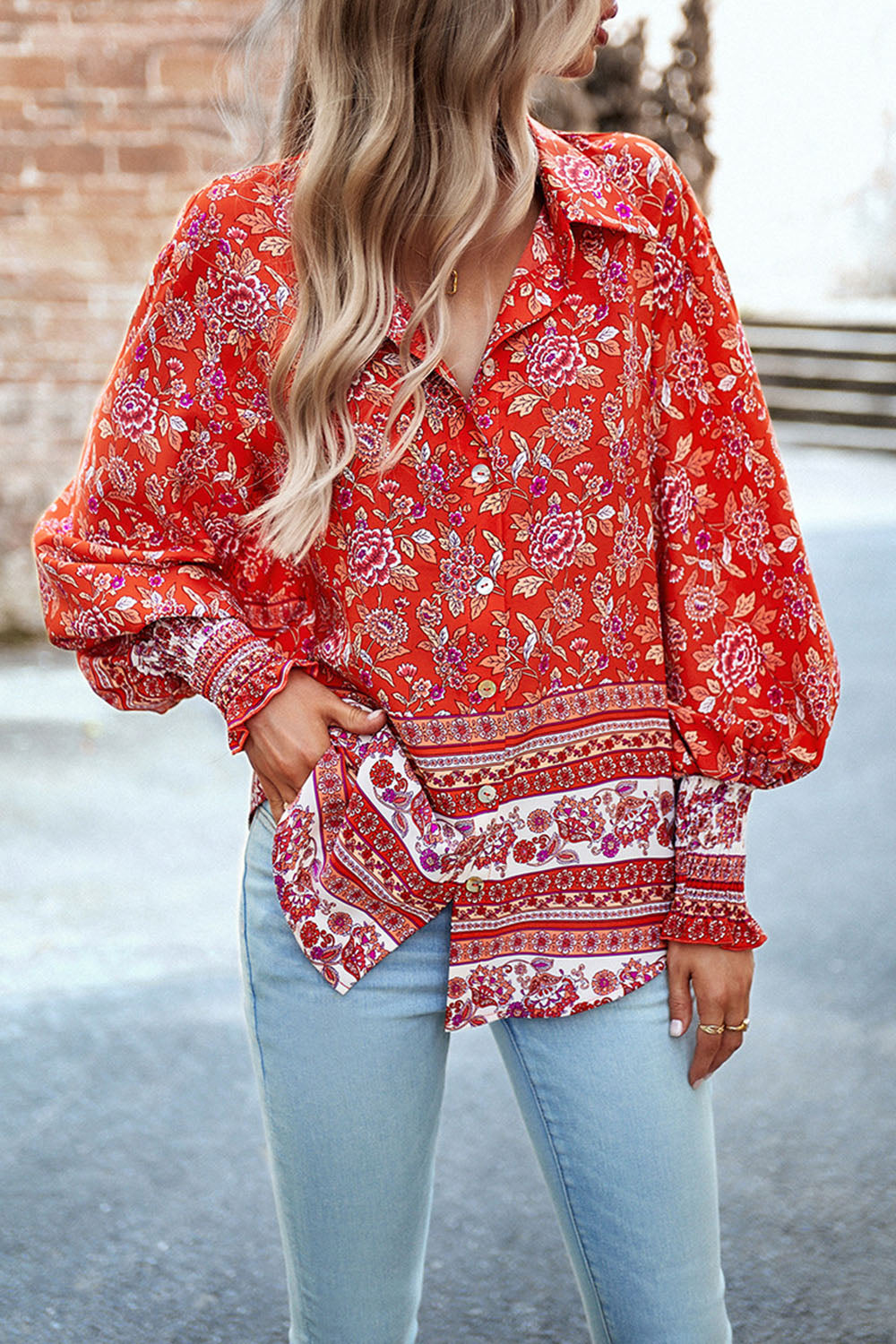 Printed Collared Neck Smocked Lantern Sleeve Shirt Trendsi