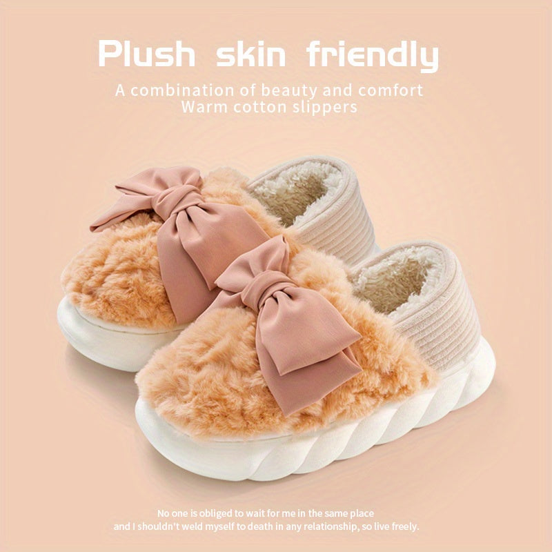 Cute Bowknot Warm Slippers Plush Cloud, Cozy Slip On Platform Fuzzy Shoes, Winter Warm Home Slippers - Temu ShopOnlyDeal