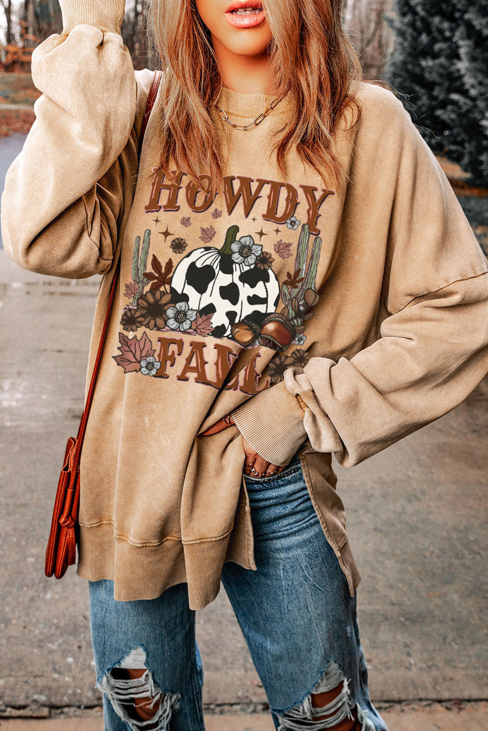 Round Neck Dropped Shoulder HOWDY FALL Graphic Sweatshirt Trendsi