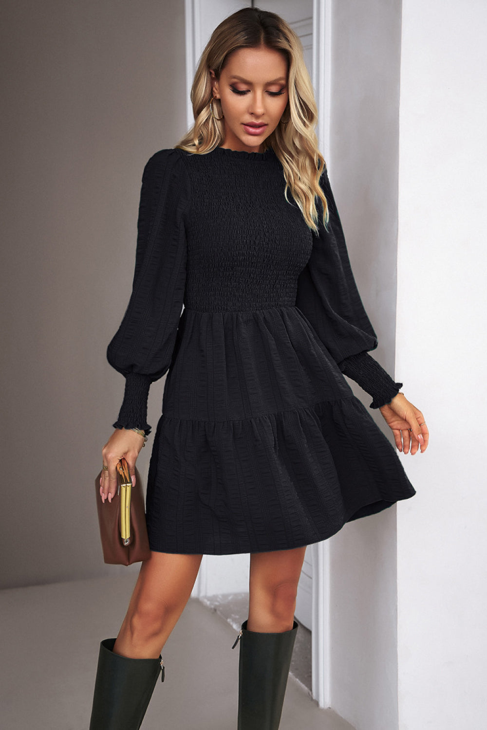 Smocked Lantern Sleeve Mini Dress Trendsi