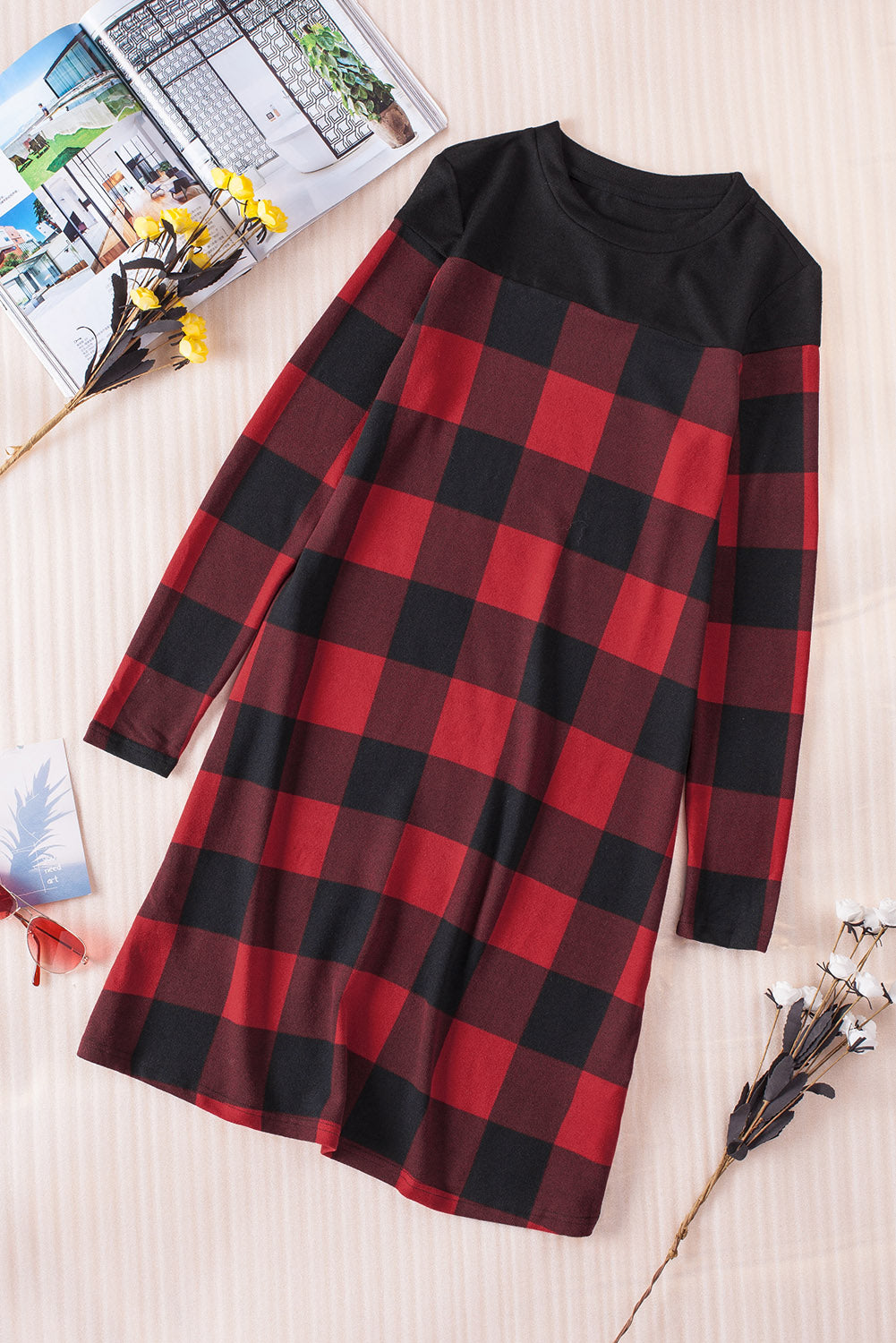 Chic and Timeless: Plaid Round Neck Long Sleeve Mini Dress for Effortless Style ShopOnlyDeal