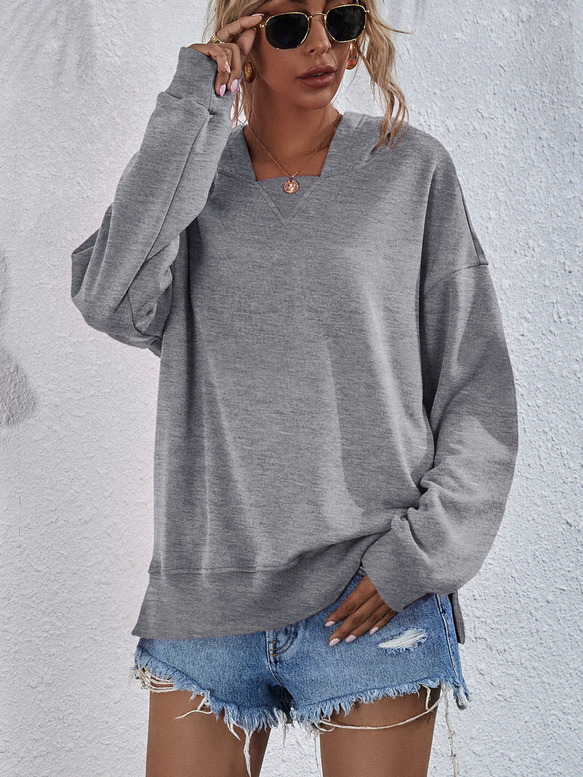 Dropped Shoulder Slit Hoodie Pink ShopOnlyDeal