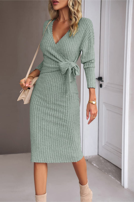 Surplice Neck Tied Ribbed Dress Trendsi