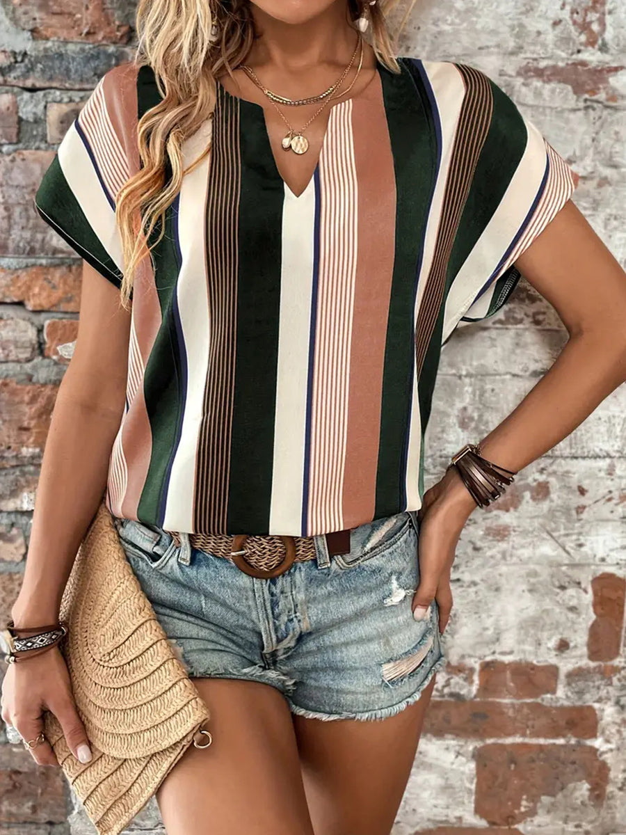 Striped Notched Neck Short Sleeve Blouse Trendsi