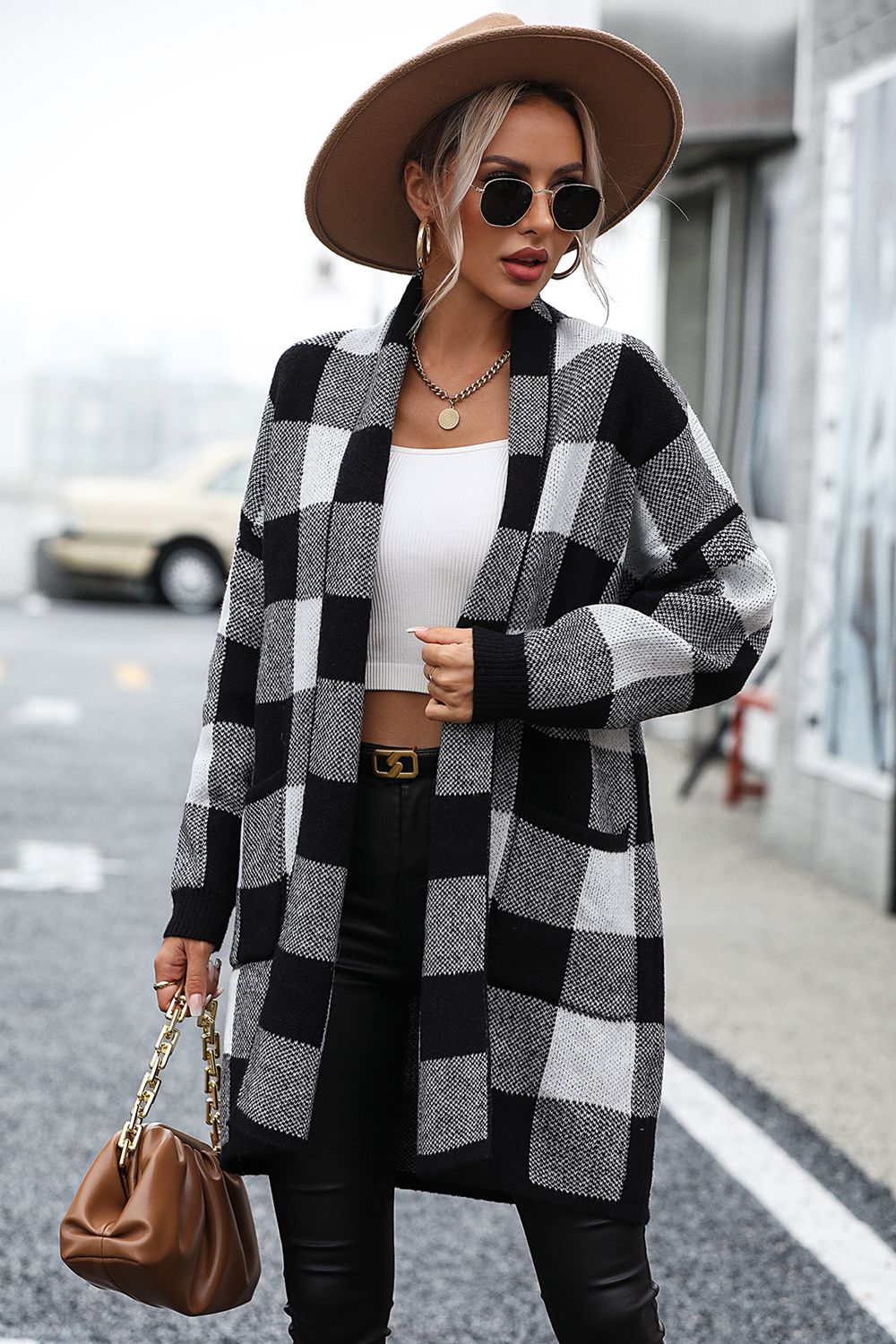 Plaid Dropped Shoulder Cardigan with Pocket Trendsi