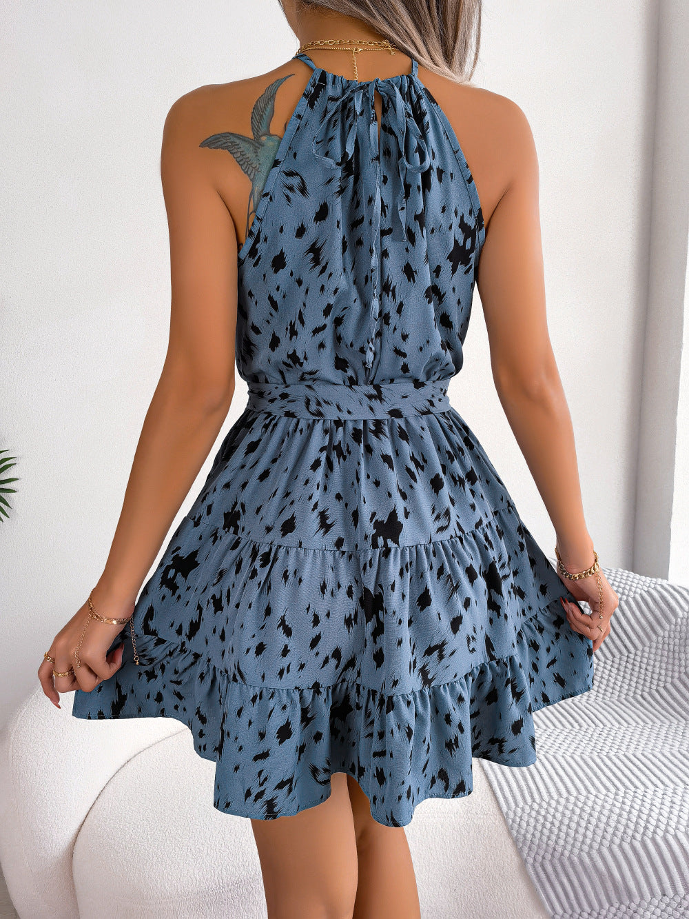 Halter Neck Printed Tie Waist Sleeveless Mini Dress Trendsi