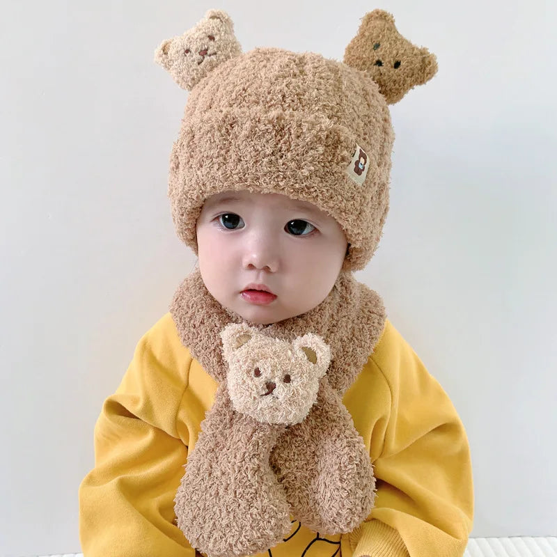 Infant Hat With Scarf Cute 6M-5Y Toddler Infant Kid Baby Girls Boys Warm Hat Cute Bear Print Plush Cats + Scarf Outfits Soft Plush Baby Hat Scarf ShopOnlyDeal