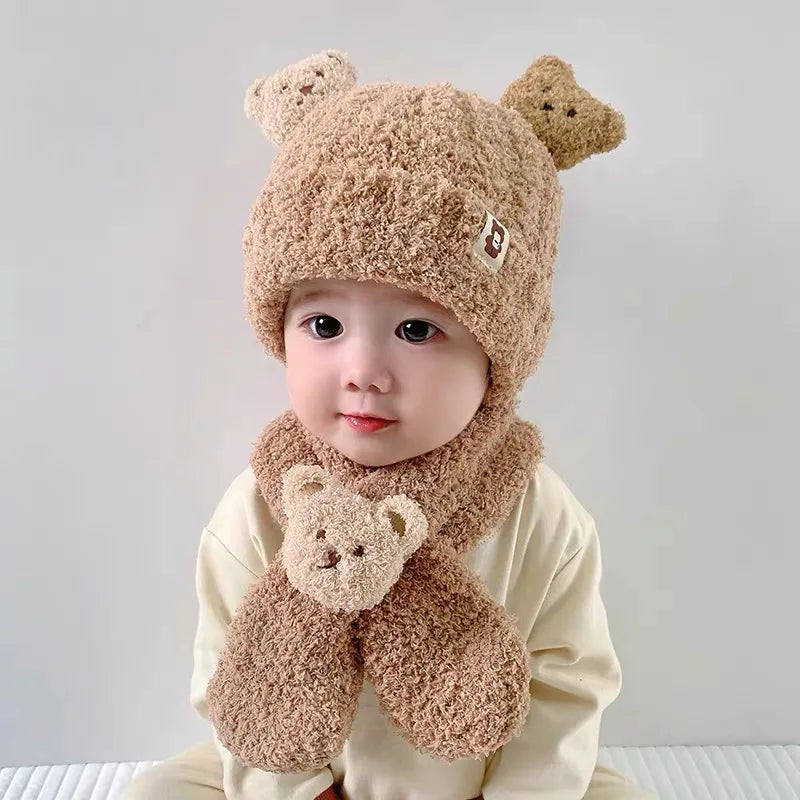 Infant Hat With Scarf Cute 6M-5Y Toddler Infant Kid Baby Girls Boys Warm Hat Cute Bear Print Plush Cats + Scarf Outfits Soft Plush Baby Hat Scarf ShopOnlyDeal