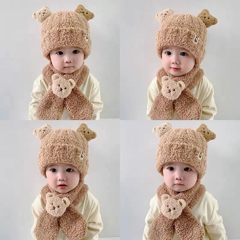 Infant Hat With Scarf Cute 6M-5Y Toddler Infant Kid Baby Girls Boys Warm Hat Cute Bear Print Plush Cats + Scarf Outfits Soft Plush Baby Hat Scarf ShopOnlyDeal