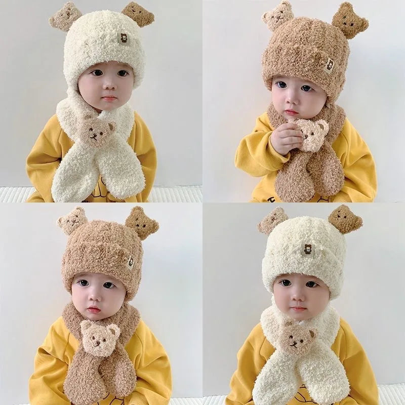 Infant Hat With Scarf Cute 6M-5Y Toddler Infant Kid Baby Girls Boys Warm Hat Cute Bear Print Plush Cats + Scarf Outfits Soft Plush Baby Hat Scarf ShopOnlyDeal