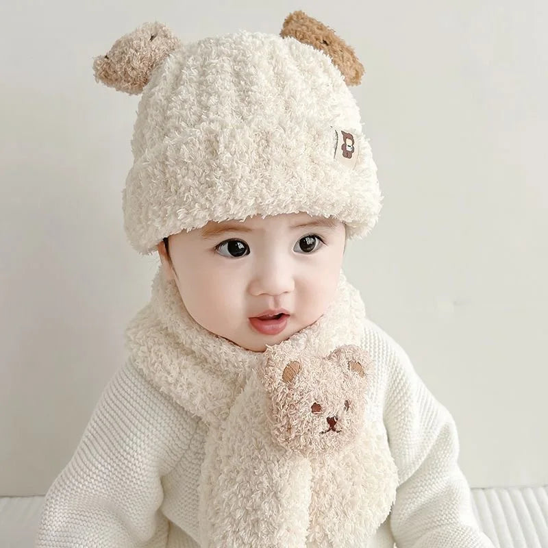 Infant Hat With Scarf Cute 6M-5Y Toddler Infant Kid Baby Girls Boys Warm Hat Cute Bear Print Plush Cats + Scarf Outfits Soft Plush Baby Hat Scarf ShopOnlyDeal