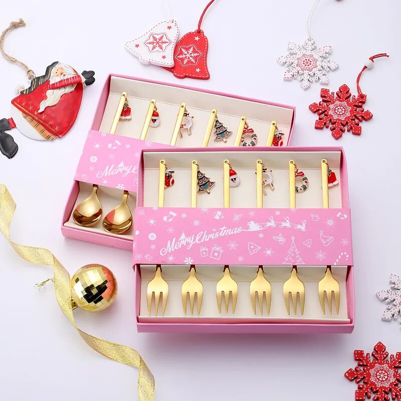 Christmas Gift Spoon & Fork Sets 6pcs Coffee Spoon Fruit Fork Creative Dessert Spoon Elk Christmas Tree Decoration Cutlery Gift ShopOnlyDeal