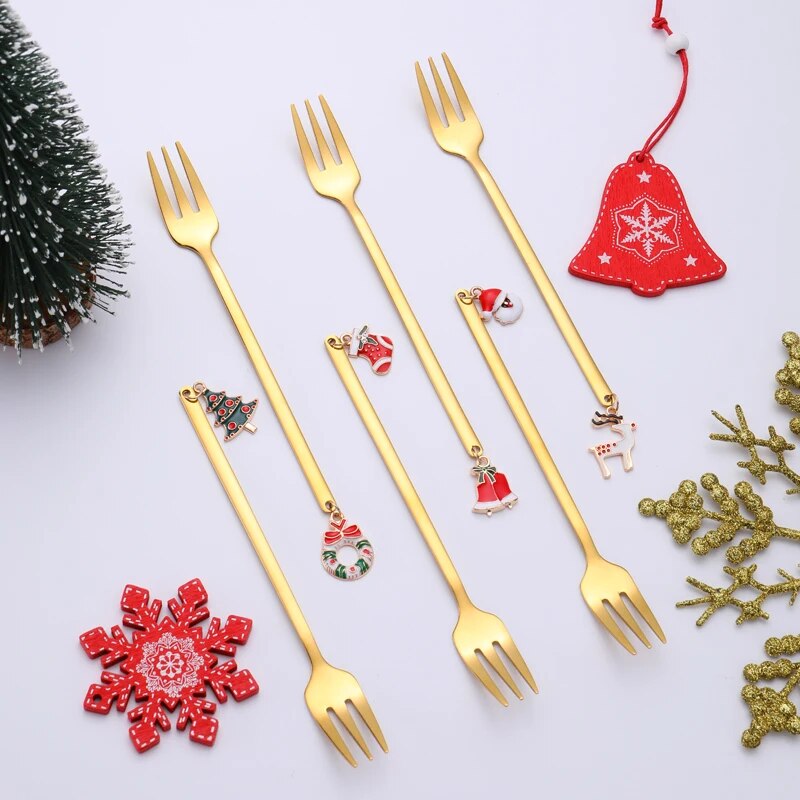 Christmas Gift Spoon & Fork Sets 6pcs Coffee Spoon Fruit Fork Creative Dessert Spoon Elk Christmas Tree Decoration Cutlery Gift ShopOnlyDeal