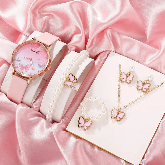 6PCS Set Women Fashion Quartz Watch Female Clock Pink Butterfly Dial Luxury Brand Design Ladies Leather Wrist Watch Montre Femme ShopOnlyDeal