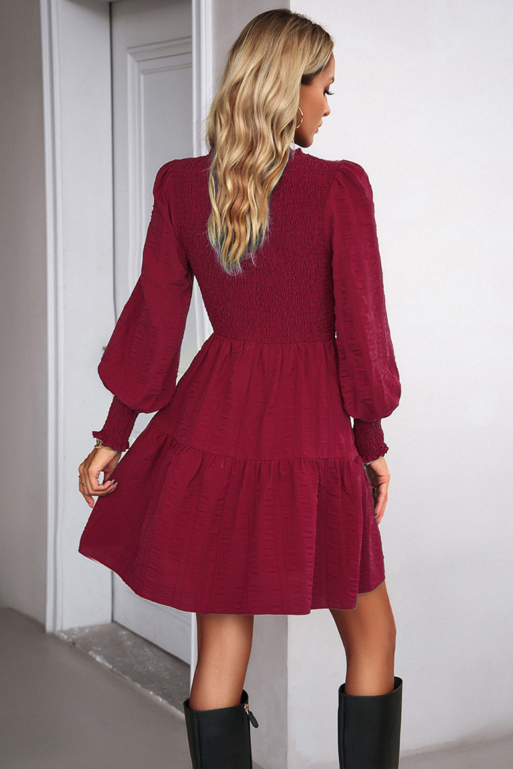 Smocked Lantern Sleeve Mini Dress Trendsi