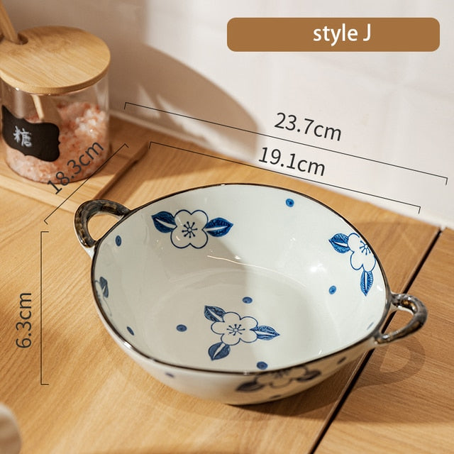 7.5inch Japanese Household Noodle Bowl Ceramic Soup Bowl With Handle Salad Pasta Bowl Kitchen Tableware Microwave Oven Bakware ShopOnlyDeal