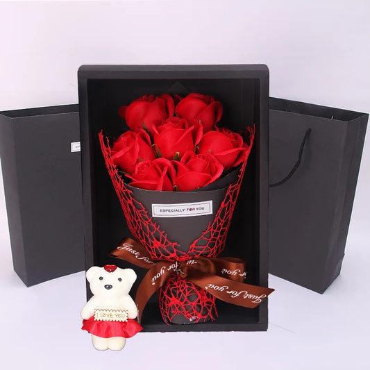 7 Heads Artificial Rose Bouquet: Handmade Rose Soap Bouquet with Little Bear Gift Box - Perfect for Valentine's Day, Mother's Day, and Birthday Celebrations ShopOnlyDeal