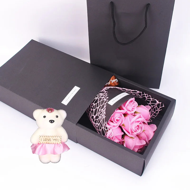 7 Heads Artificial Rose Bouquet: Handmade Rose Soap Bouquet with Little Bear Gift Box - Perfect for Valentine's Day, Mother's Day, and Birthday Celebrations ShopOnlyDeal