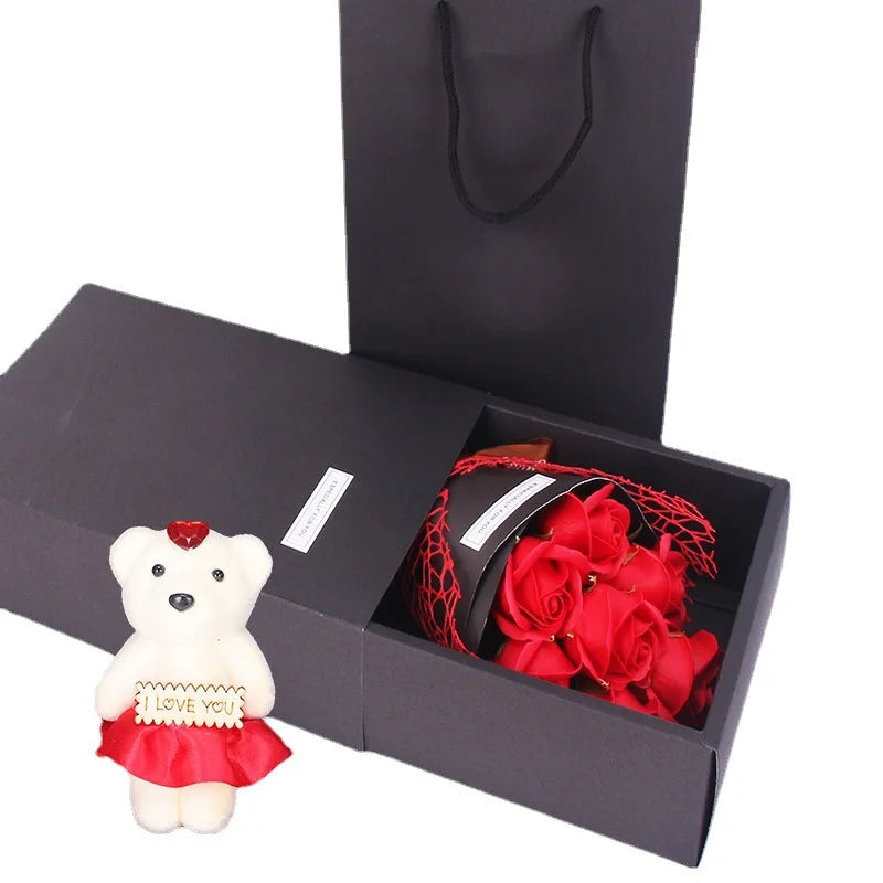 7 Heads Artificial Rose Bouquet: Handmade Rose Soap Bouquet with Little Bear Gift Box - Perfect for Valentine's Day, Mother's Day, and Birthday Celebrations ShopOnlyDeal