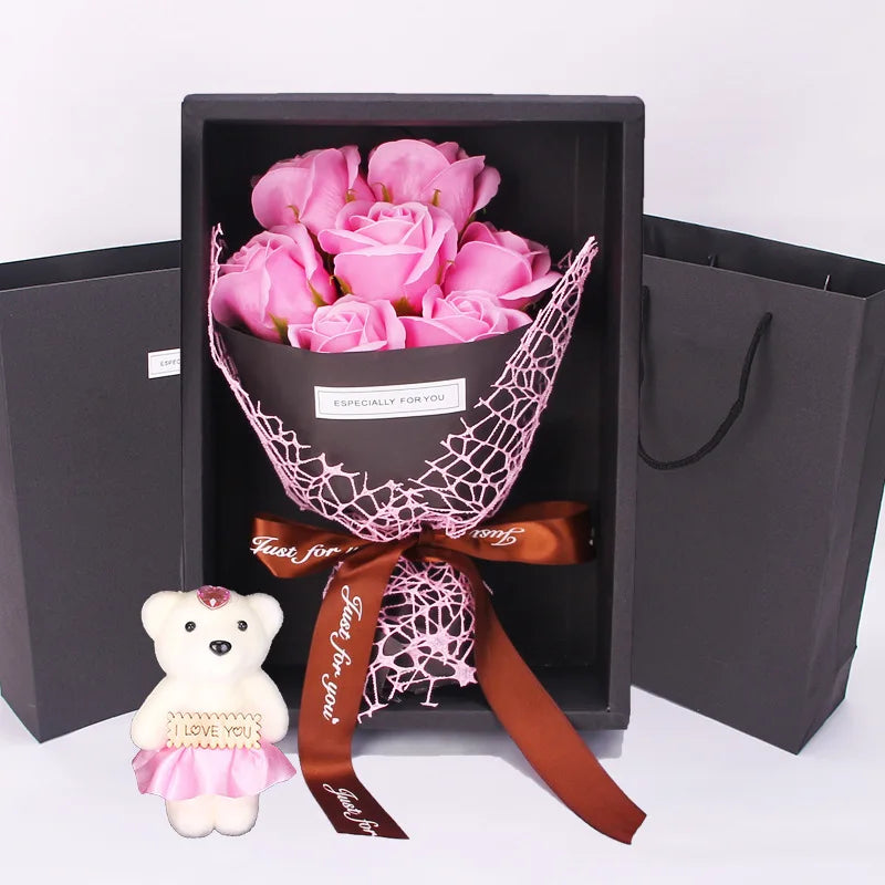 7 Heads Artificial Rose Bouquet: Handmade Rose Soap Bouquet with Little Bear Gift Box - Perfect for Valentine's Day, Mother's Day, and Birthday Celebrations ShopOnlyDeal