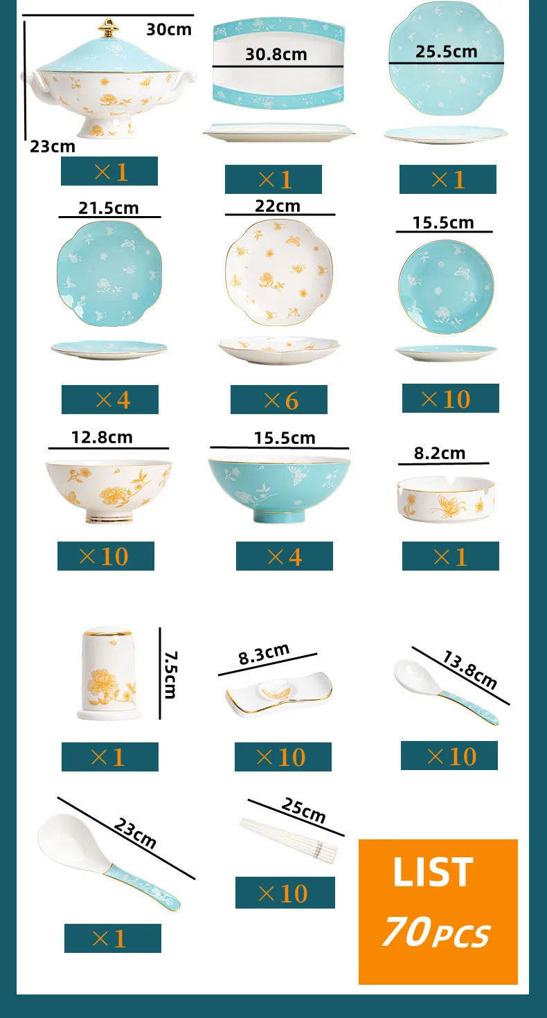 70 Pcs European Court Dinnerware Sets Bone China Tableware Sets Food Bowl Chopsticks Spoon Dinner Plate Set Utensils For Kitchen ShopOnlyDeal