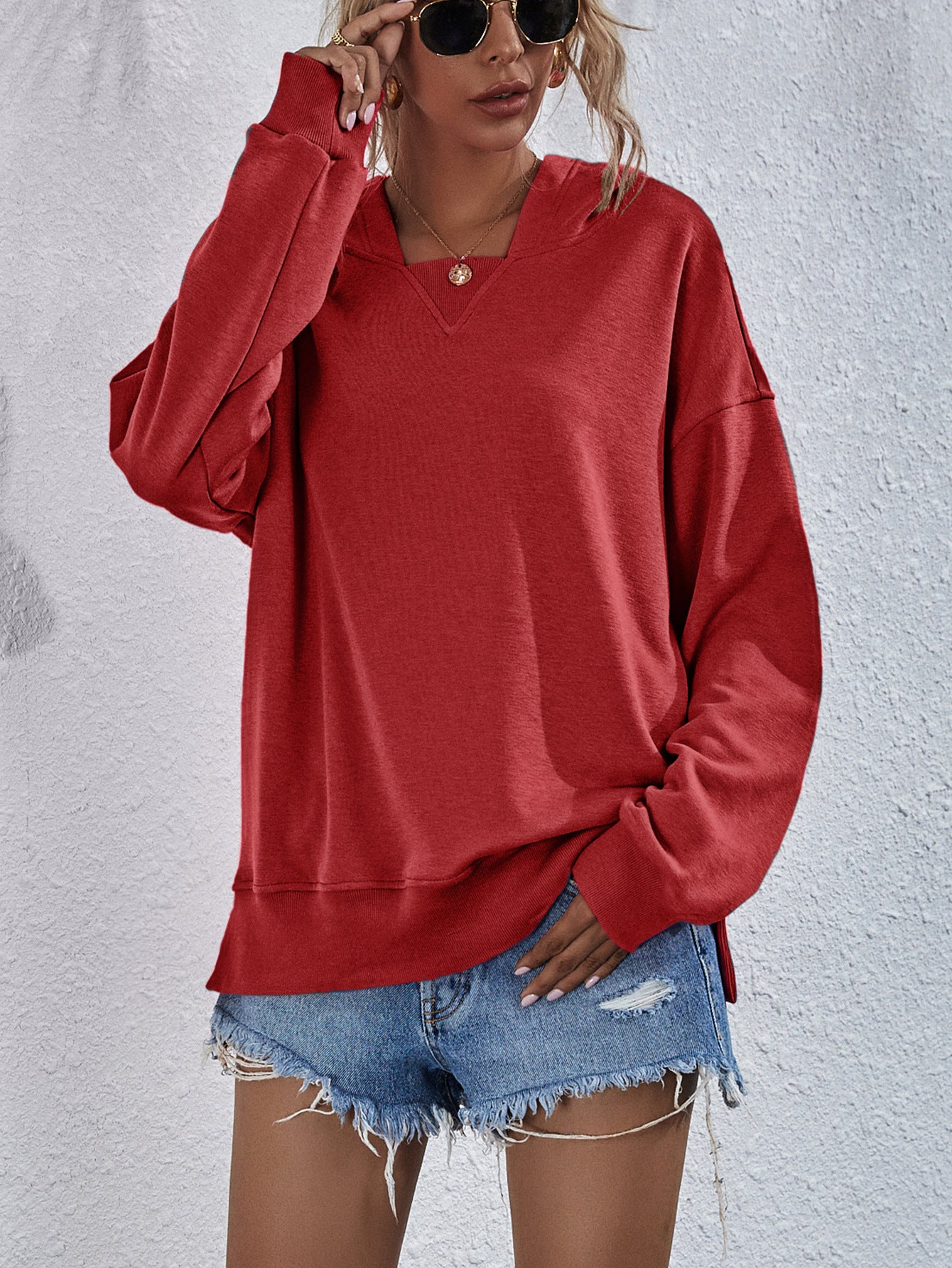 Dropped Shoulder Slit Hoodie Pink ShopOnlyDeal