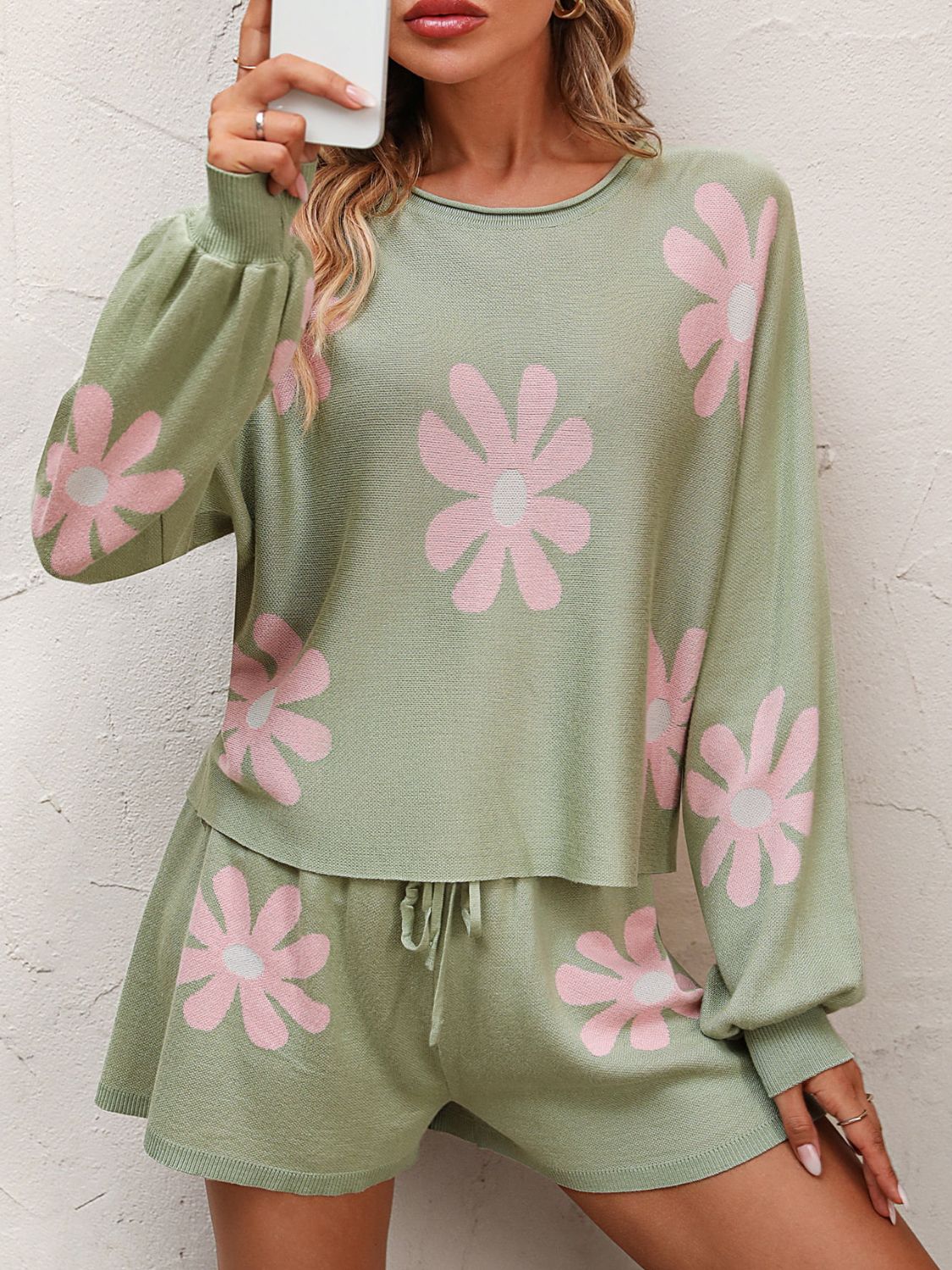 Floral Print Raglan Sleeve Knit Top and Tie Front Sweater Shorts Set Trendsi