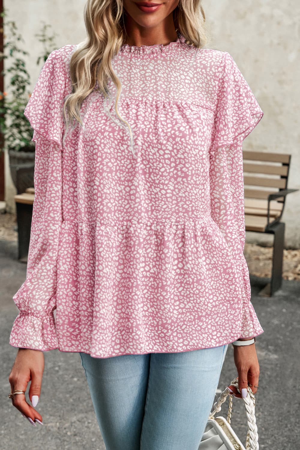 Printed Round Neck Flounce Sleeve Blouse Trendsi