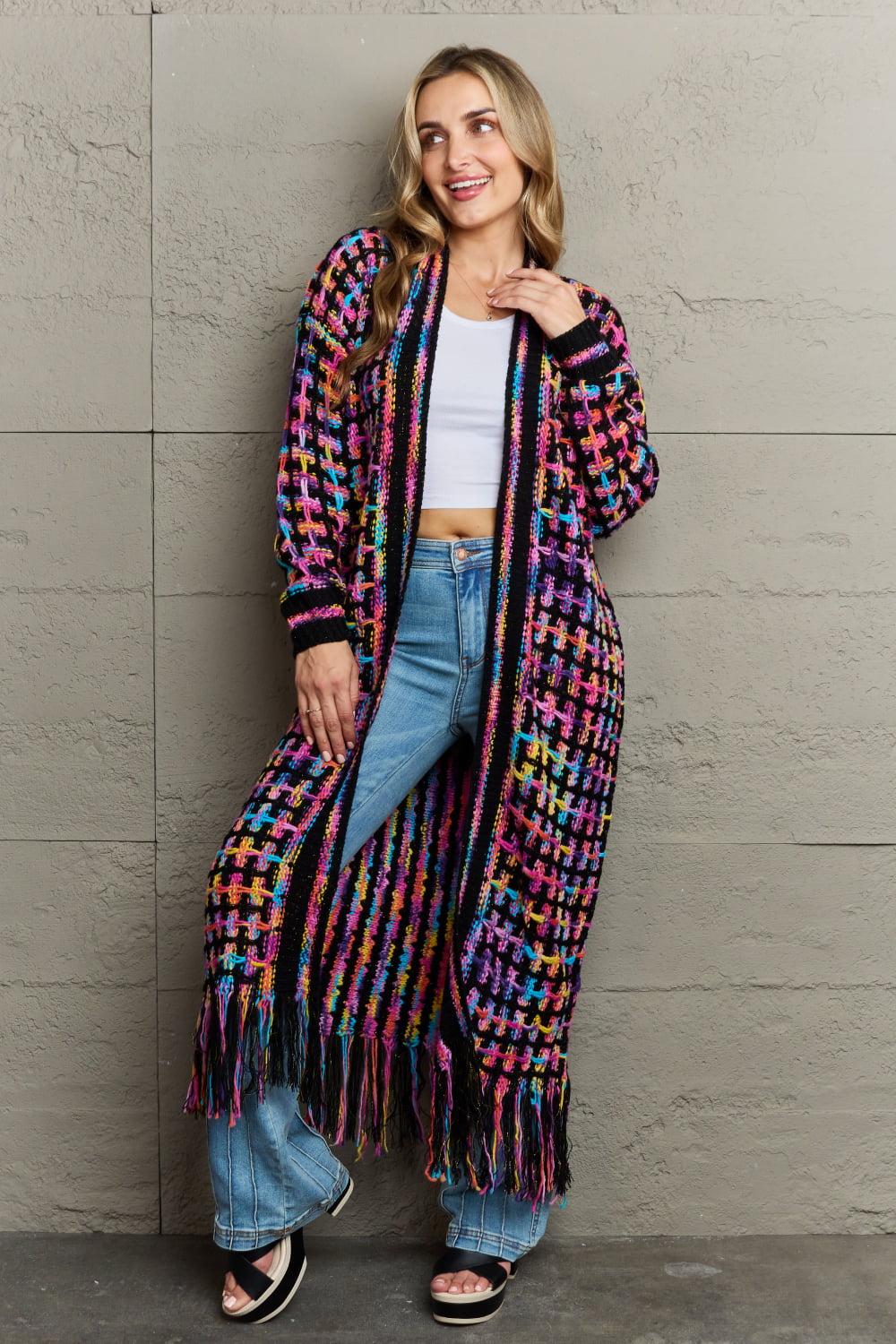 Multicolored Open Front Fringe Hem Cardigan ShopOnlyDeal