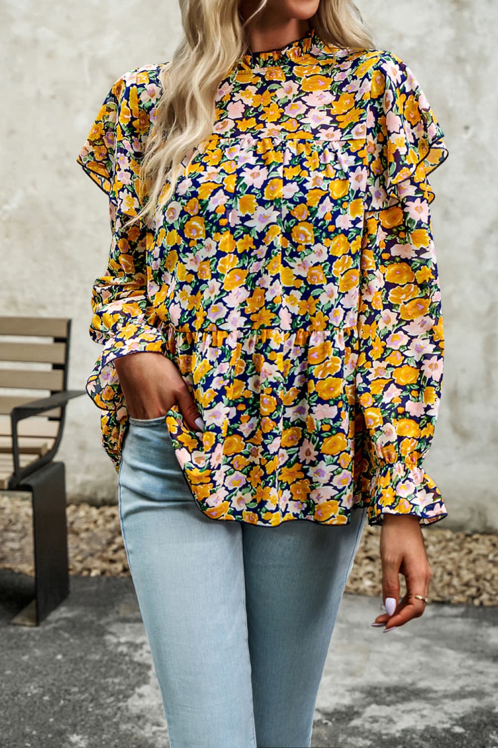 Printed Round Neck Flounce Sleeve Blouse Trendsi