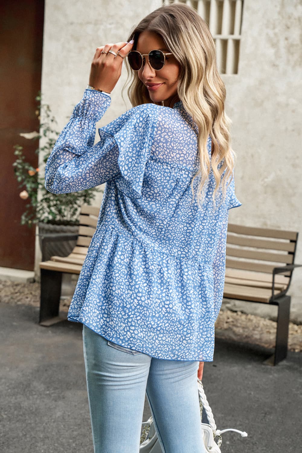 Printed Round Neck Flounce Sleeve Blouse Trendsi