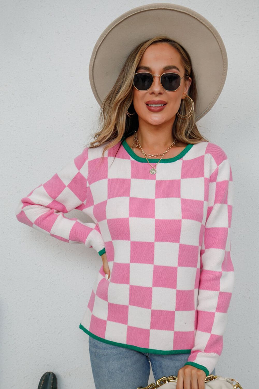 Checkered Round Neck Sweater Trendsi