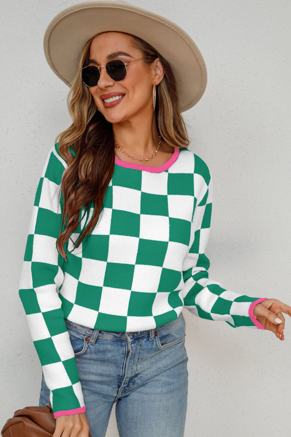 Checkered Round Neck Sweater Trendsi