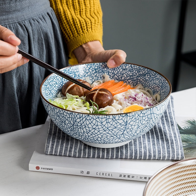 Japanese Ramen Bowl Ceramic Noodle Bowl Stripe Design Large Soup Bowl Restaurant Household Retro Dinnerware 8 Inch ShopOnlyDeal