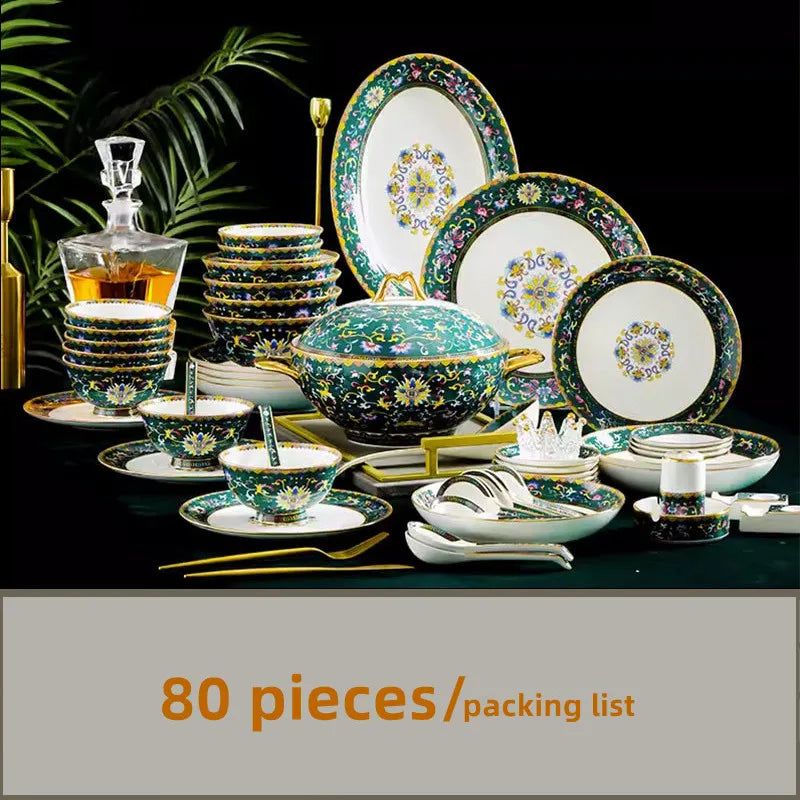 80 Pcs English Palace Golden Tableware Set Luxury Bone China Bowl Dishes Ramen Plates Chopsticks Dinner Set Utensils For Kitchen ShopOnlyDeal