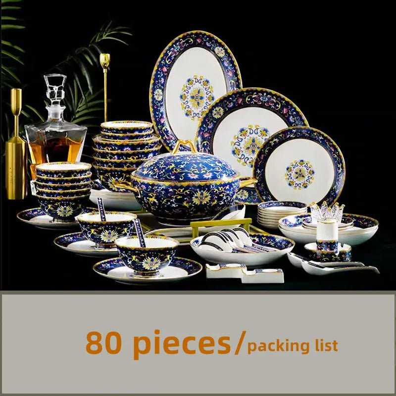 80 Pcs English Palace Golden Tableware Set Luxury Bone China Bowl Dishes Ramen Plates Chopsticks Dinner Set Utensils For Kitchen ShopOnlyDeal