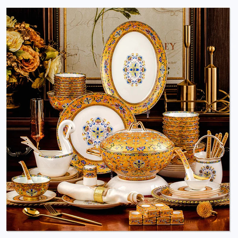 80 Pcs English Palace Golden Tableware Set Luxury Bone China Bowl Dishes Ramen Plates Chopsticks Dinner Set Utensils For Kitchen ShopOnlyDeal