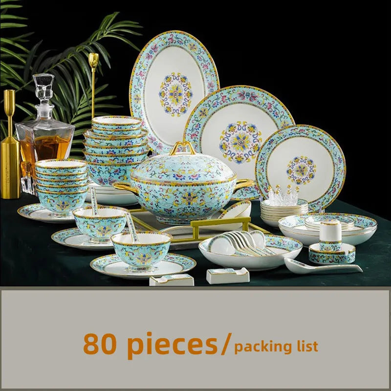 80 Pcs English Palace Golden Tableware Set Luxury Bone China Bowl Dishes Ramen Plates Chopsticks Dinner Set Utensils For Kitchen ShopOnlyDeal