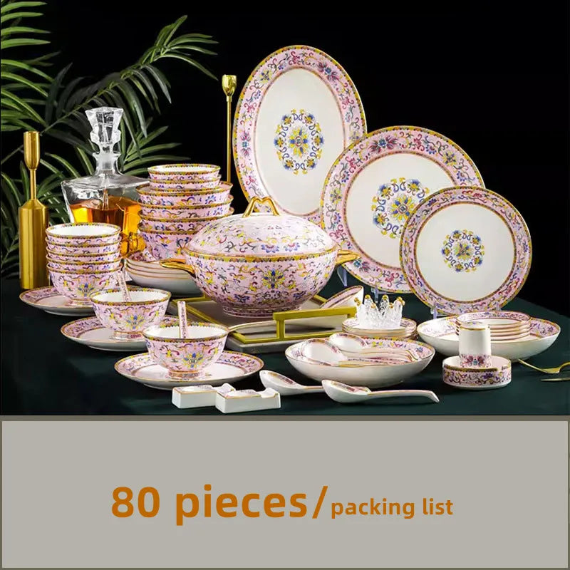 80 Pcs English Palace Golden Tableware Set Luxury Bone China Bowl Dishes Ramen Plates Chopsticks Dinner Set Utensils For Kitchen ShopOnlyDeal