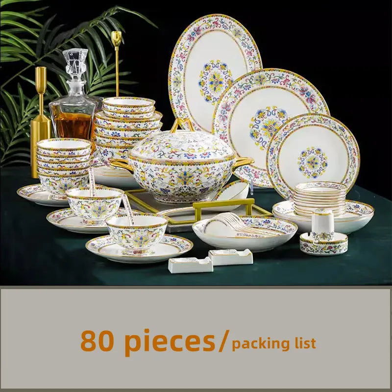 80 Pcs English Palace Golden Tableware Set Luxury Bone China Bowl Dishes Ramen Plates Chopsticks Dinner Set Utensils For Kitchen ShopOnlyDeal