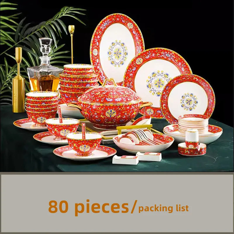 80 Pcs English Palace Golden Tableware Set Luxury Bone China Bowl Dishes Ramen Plates Chopsticks Dinner Set Utensils For Kitchen ShopOnlyDeal