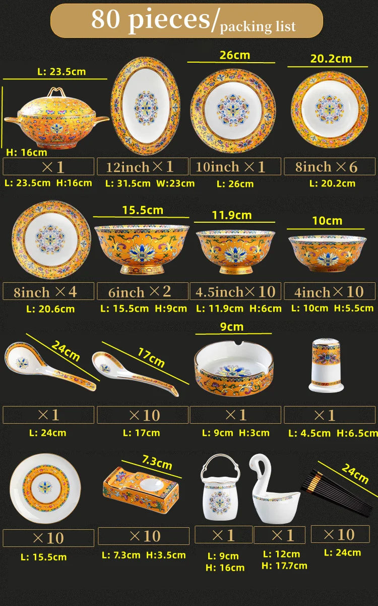 80 Pcs English Palace Golden Tableware Set Luxury Bone China Bowl Dishes Ramen Plates Chopsticks Dinner Set Utensils For Kitchen ShopOnlyDeal